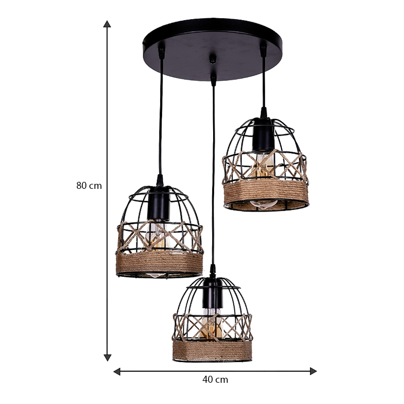 Φωτιστικό οροφής Lino Megapap E27 μεταλλικό - σχοινί τρίφωτο χρώμα μαύρο 40x40x80εκ.