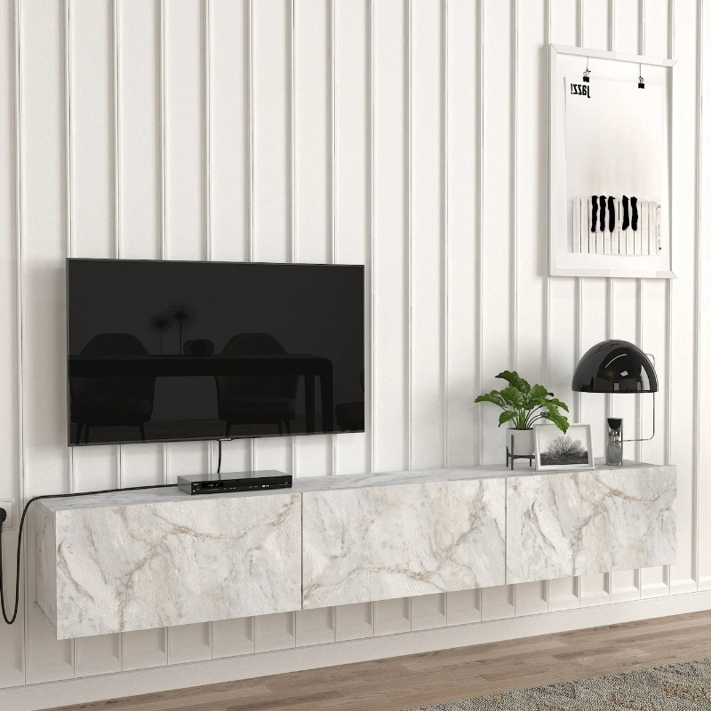 Έπιπλο τηλεόρασης επιτοίχιο Damla Megapap με LED χρώμα λευκό εφέ μαρμάρου 180x29,5x29,5εκ.