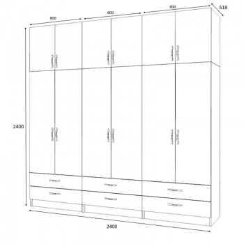 Ντουλάπα ρούχων Ricardo Megapap εξάφυλλη με πατάρι και συρτάρια χρώμα καρυδί 240x51,8x240εκ.