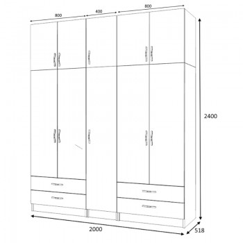 Ντουλάπα ρούχων Ricardo Megapap πεντάφυλλη με πατάρι και συρτάρια χρώμα ανθρακί 200x51,8x240εκ.
