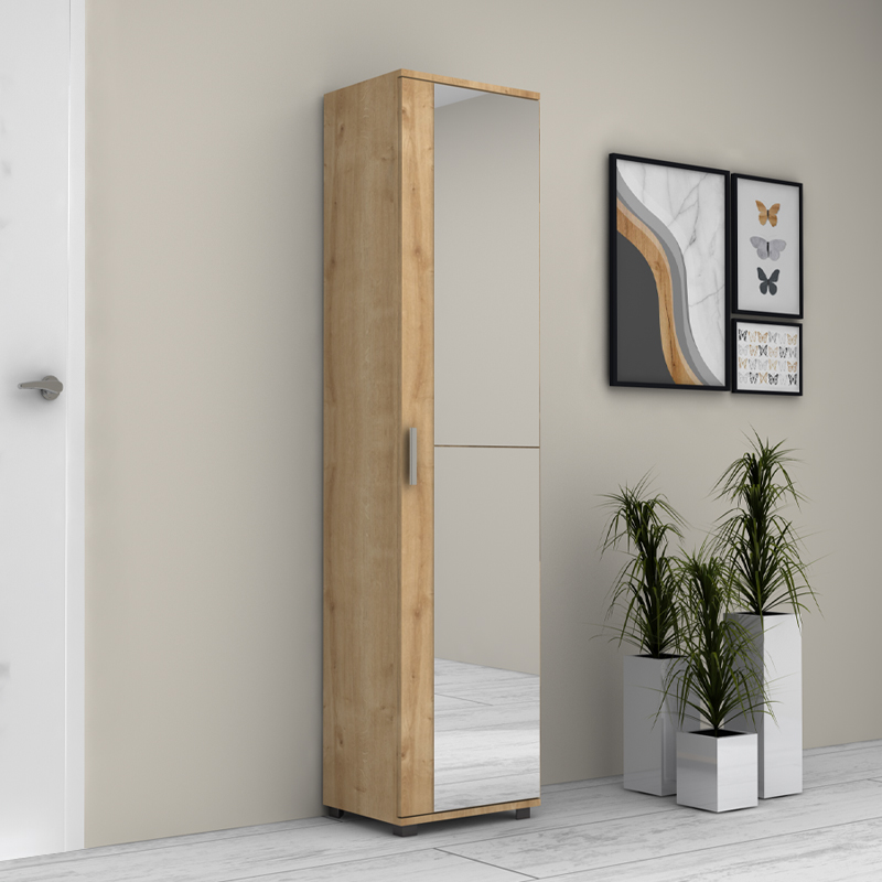 Ντουλάπα ρούχων - παπουτσοθήκη Visla Megapap μονόφυλλη με καθρέπτη χρώμα φυσικό οξιάς 45x36x187εκ.