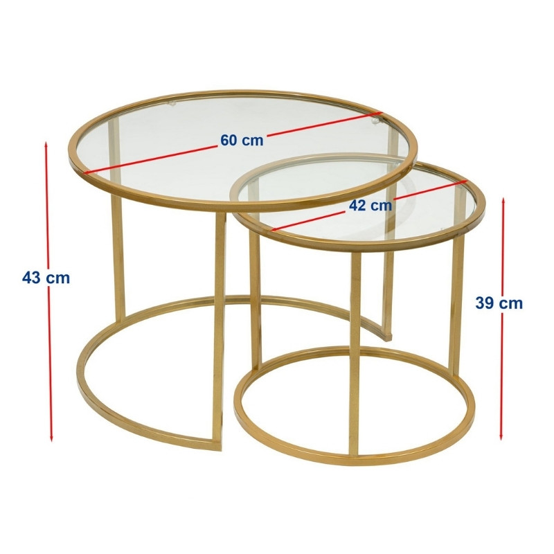 Τραπεζάκι σαλονιού σετ 2 τμχ Vetro Megapap μέταλλο - γυαλί χρώμα χρυσό Ø60x43εκ.