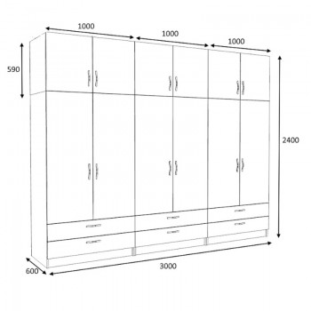 Ντουλάπα ρούχων Victoria Megapap εξάφυλλη με πατάρι και συρτάρια χρώμα λευκό 300x60x240εκ.