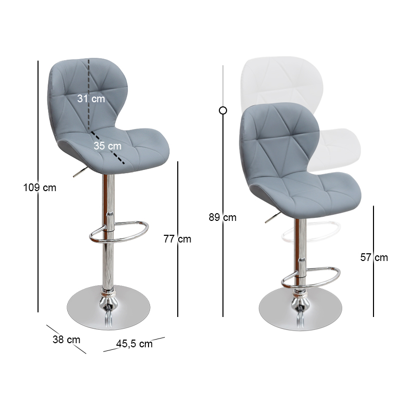 Σκαμπό μπαρ Dolores Megapap με ρυθμιζόμενο ύψος PU γκρι - βάση χρωμίου 45,5x38x89/109εκ.