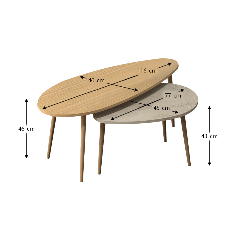 Τραπεζάκι σαλονιού σετ 2 τμχ Elips Megapap χρώμα oak - travertine 116x46x46εκ.