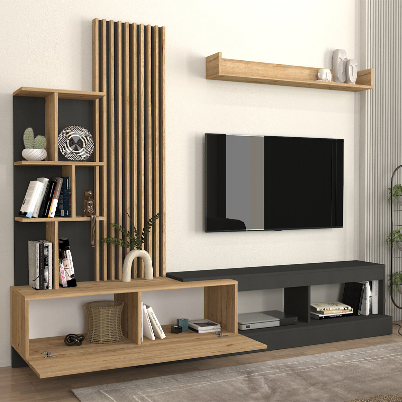 Σύνθεση τηλεόρασης Vermont Megapap χρώμα ανθρακί - sepet oak 240x40x192εκ.
