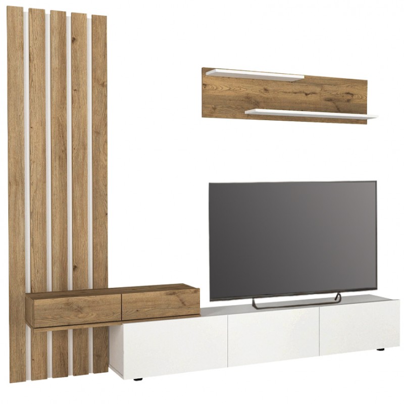 Σύνθεση τηλεόρασης Rosaline Megapap χρώμα λευκό - sepet oak 233x31,3x196,8εκ.