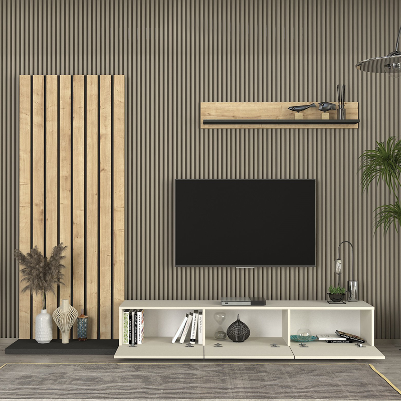 Σύνθεση τηλεόρασης Nagini Megapap χρώμα ivory - sapphire oak - ανθρακί 260x39,4x203,6εκ.