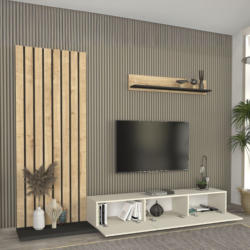 Σύνθεση τηλεόρασης Nagini Megapap χρώμα ivory - sapphire oak - ανθρακί 260x39,4x203,6εκ.