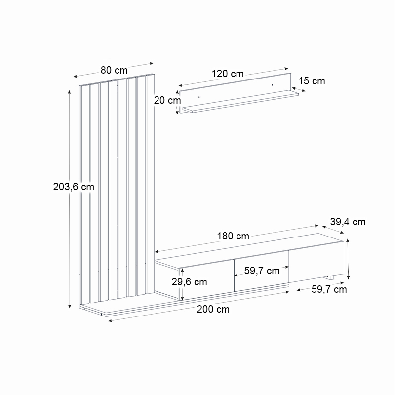 Σύνθεση τηλεόρασης Nagini Megapap χρώμα ivory - sapphire oak - ανθρακί 260x39,4x203,6εκ.