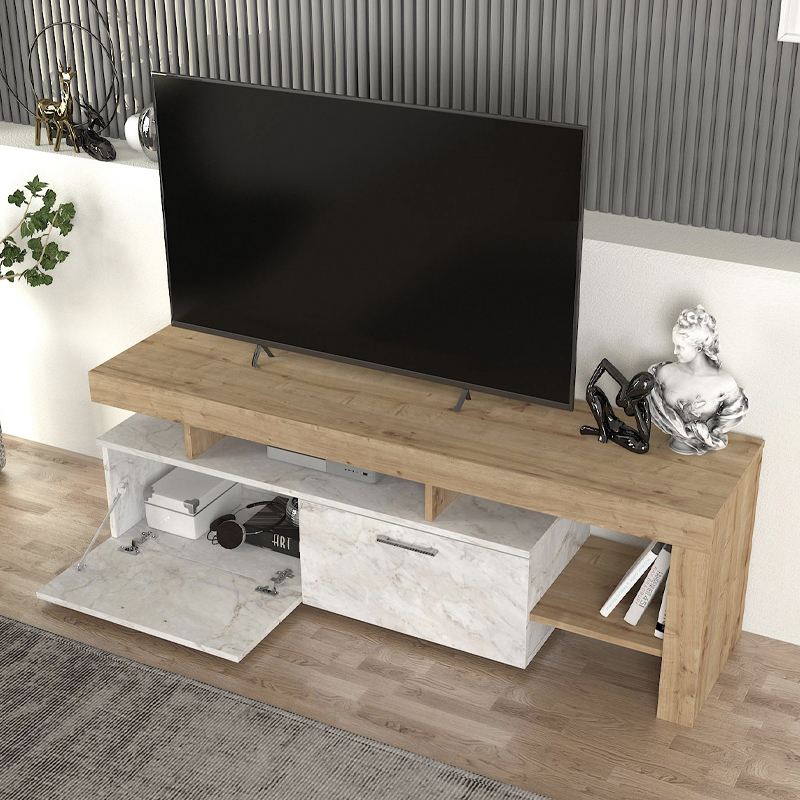 Έπιπλο τηλεόρασης Acnes Megapap χρώμα λευκό εφέ μαρμάρου - sapphire oak 160x40x53εκ.