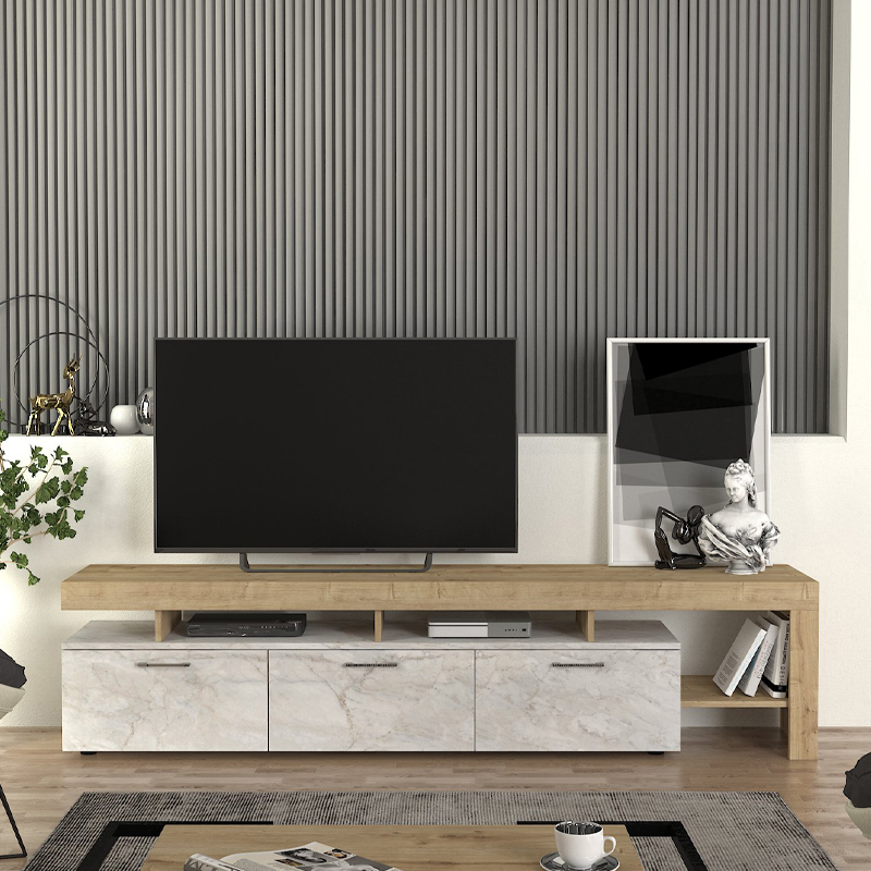 Έπιπλο τηλεόρασης Acnes Megapap χρώμα λευκό εφέ μαρμάρου - sapphire oak 220x40x52εκ.