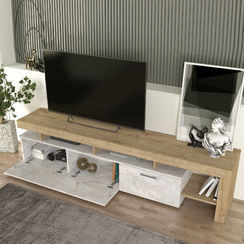 Έπιπλο τηλεόρασης Acnes Megapap χρώμα λευκό εφέ μαρμάρου - sapphire oak 220x40x52εκ.