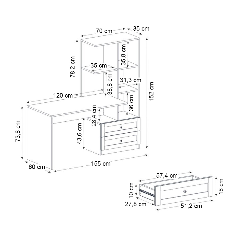 Γραφείο εργασίας Mantra Megapap χρώμα λευκό 150x60x152εκ.