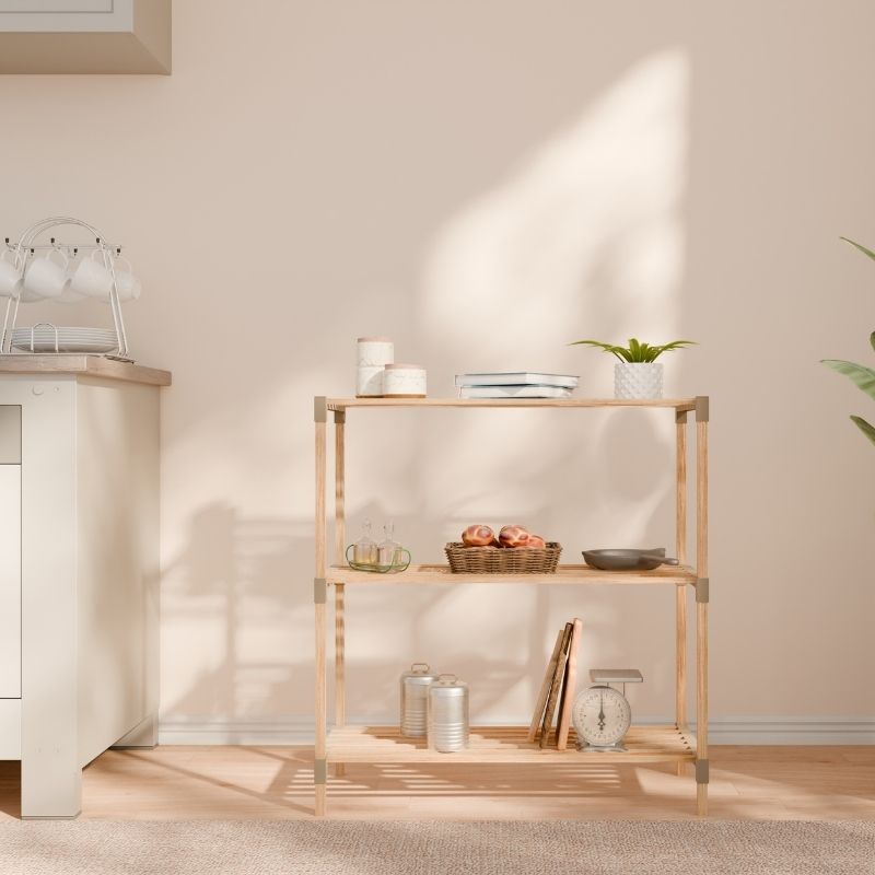 Ραφιέρα δαπέδου - Τραπεζάκι βοηθητικό ξύλινο - πλαστικό χρώμα φυσικό - μπεζ 65x30x78εκ.