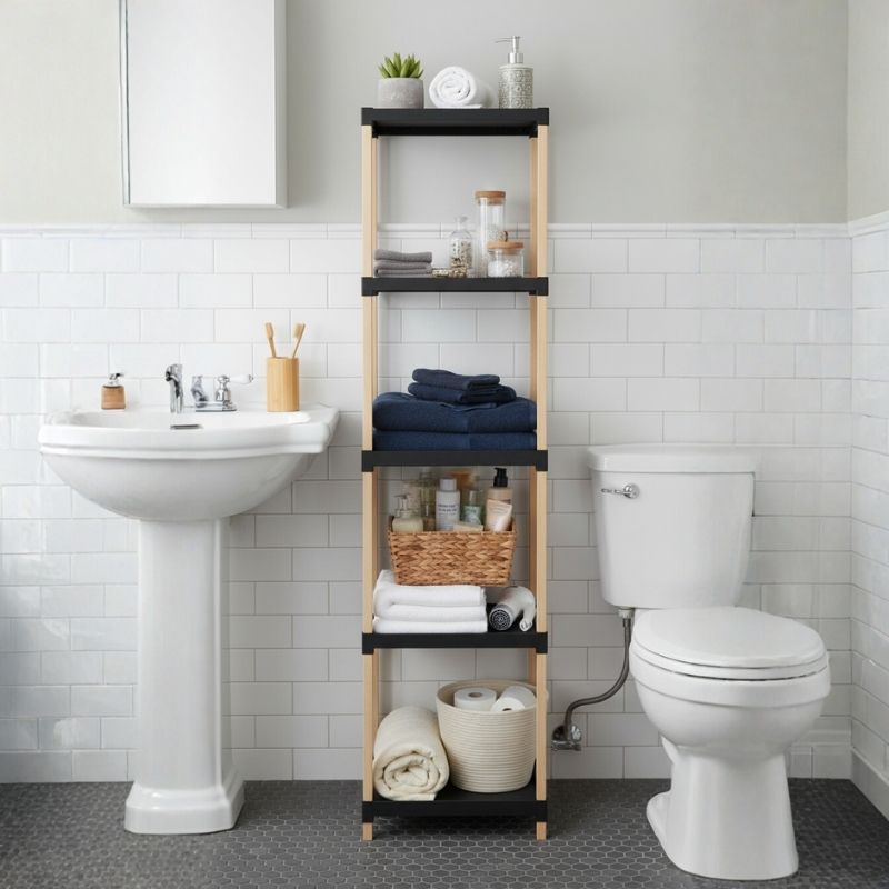 Ραφιέρα δαπέδου πλαστική - ξύλινη χρώμα φυσικό - μαύρο 28x25x137εκ.