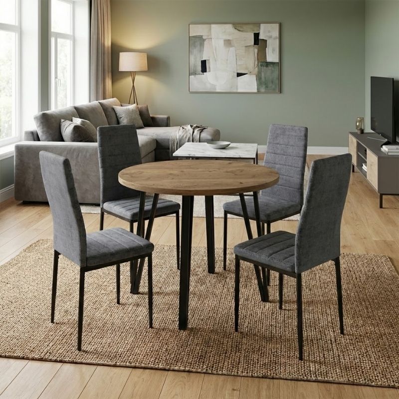 Σετ τραπεζαρία 5τμχ Xana - Rosa Megapap χρώμα sepet oak - γκρι Ø90x77,5εκ.