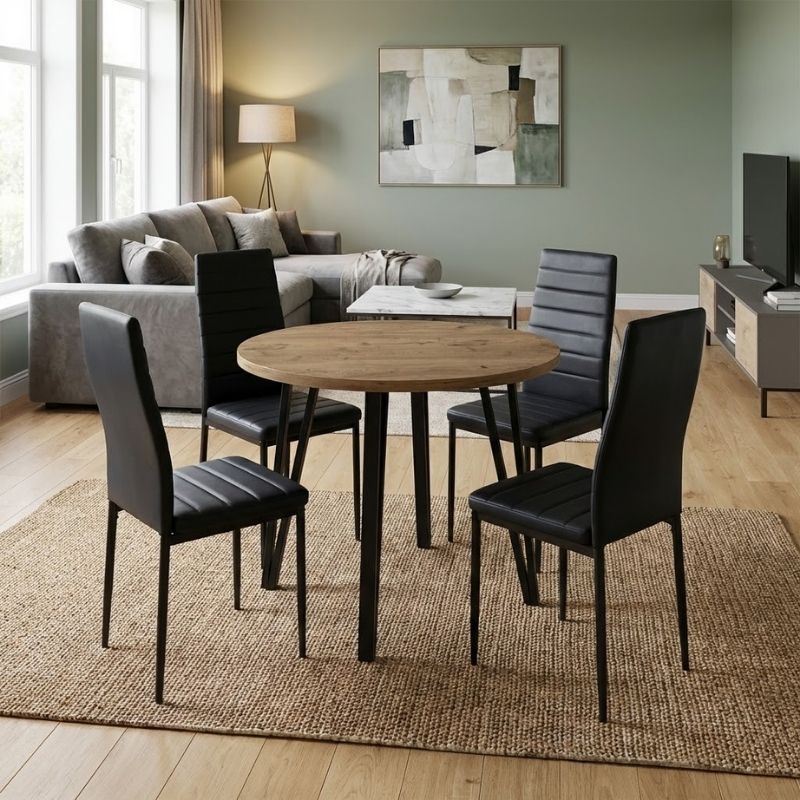 Σετ τραπεζαρία 5τμχ Xana - Rosa Megapap χρώμα sepet oak - μαύρο Ø90x77,5εκ.