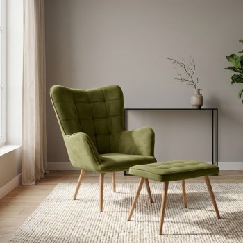 Πολυθρόνα - Μπερζέρα με υποπόδιο Lily Megapap λαδί βελούδο - μεταλλικό πόδι χρώμα φυσικό 70x62x98εκ.