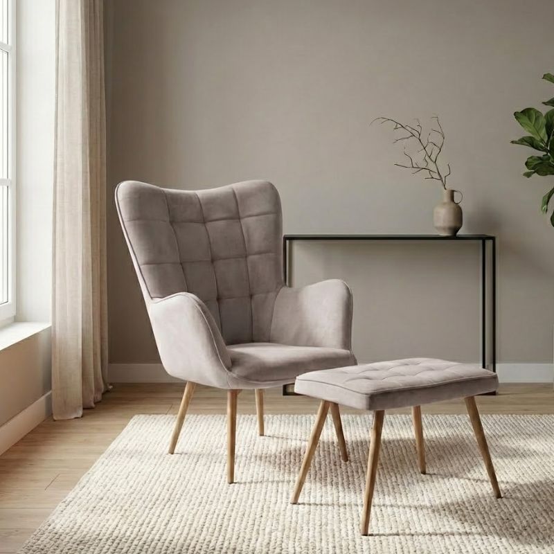 Πολυθρόνα - Μπερζέρα με υποπόδιο Lily Megapap μπεζ βελούδο - μεταλλικό πόδι χρώμα φυσικό 70x62x98εκ.