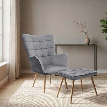 Πολυθρόνα - Μπερζέρα με υποπόδιο Lily Megapap γκρι βελούδο - μεταλλικό πόδι χρώμα φυσικό 70x62x98εκ.