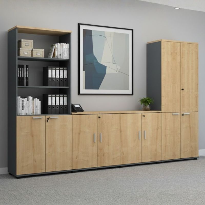 Βιβλιοθήκη γραφείου με κλειδαριά επαγγελματική Venturo Megapap χρώμα ανθρακί - φυσικό οξιάς 80x40x200εκ.