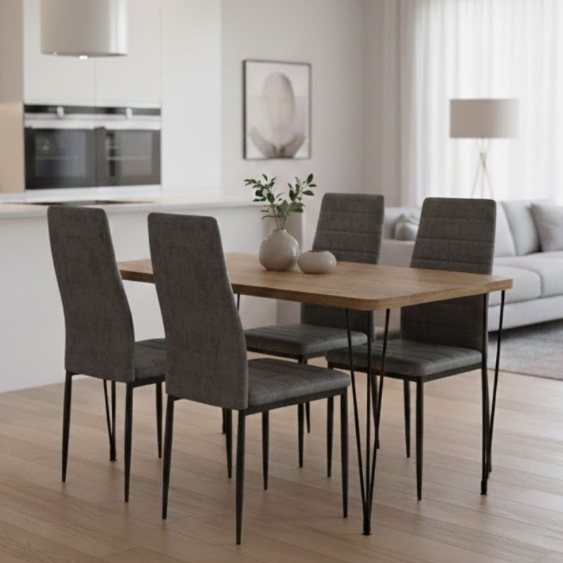 Σετ τραπεζαρία 5τμχ Roger - Rosa Megapap Mdf - ύφασμα χρώμα ακακίας - γκρι 120x70x75εκ.
