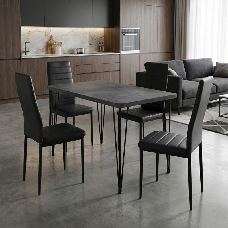 Σετ τραπεζαρία 5τμχ Roger - Rosa Megapap Mdf - PU χρώμα σκούρο γκρι σκυροδέματος - μαύρο 120x70x75εκ.