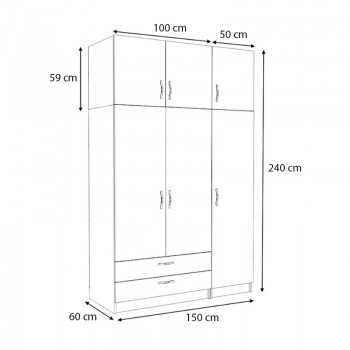 Ντουλάπα ρούχων Victoria Megapap τρίφυλλη με πατάρι και συρτάρια χρώμα καρυδί 150x60x240εκ.