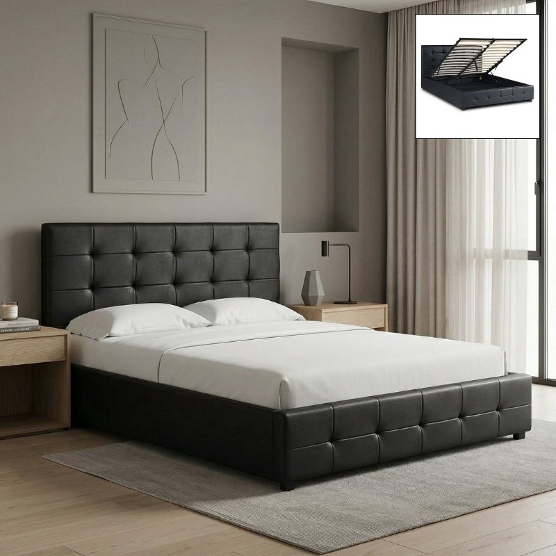 Κρεβάτι Iro Megapap από τεχνόδερμα με αποθηκευτικό χώρο χρώμα μαύρο 150x200εκ.