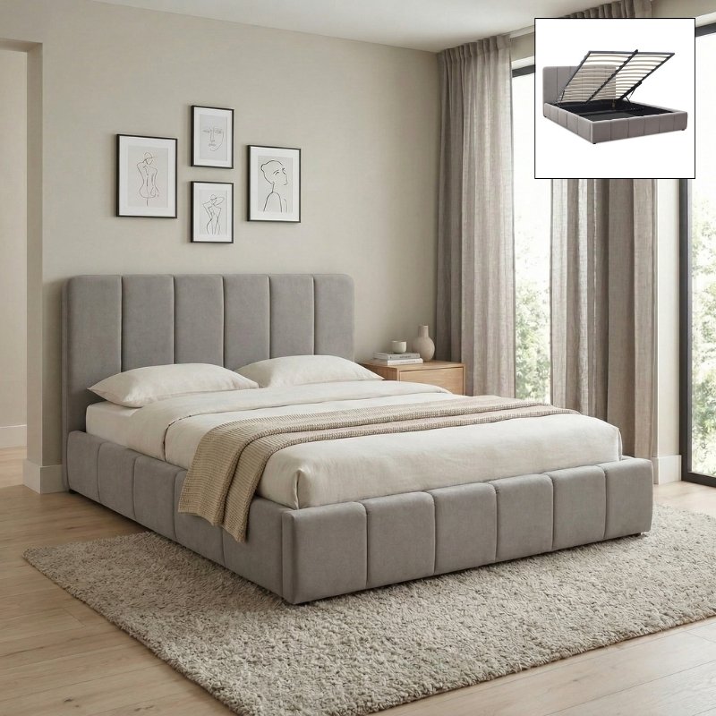 Κρεβάτι Nival Megapap υφασμάτινο με αποθηκευτικό χώρο χρώμα μπεζ 160x200εκ.