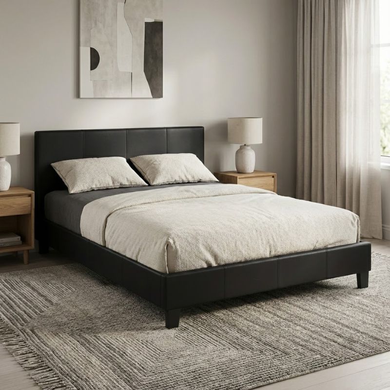 Κρεβάτι Flat Megapap από τεχνόδερμα χρώμα μαύρο ματ 140x190εκ.