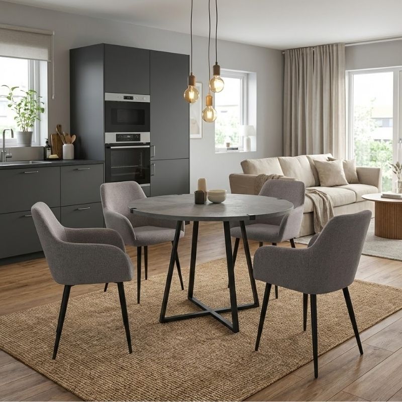 Σετ τραπεζαρία 5τμχ Rubes - Monica Megapap χρώμα γκρι σκυροδέματος - ανοιχτό μπεζ Ø100x78εκ.