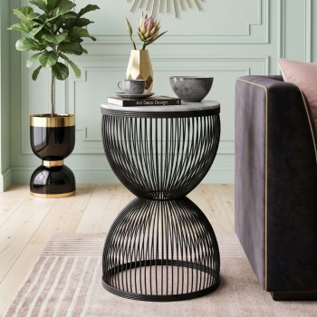 Τραπεζάκι βοηθητικό Stella Megapap μεταλλικό - Mdf χρώμα μαύρο - λευκό εφέ μαρμάρου Ø34,5x56,5εκ.