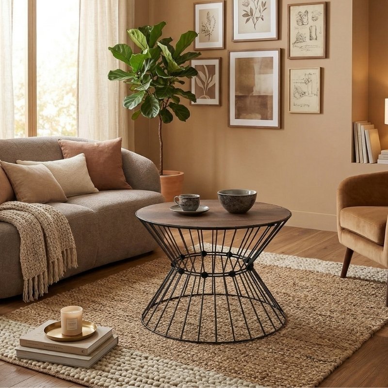 Τραπεζάκι σαλονιού Girene Megapap μεταλλικό - Mdf χρώμα μαύρο - καρυδί Ø55x42εκ.