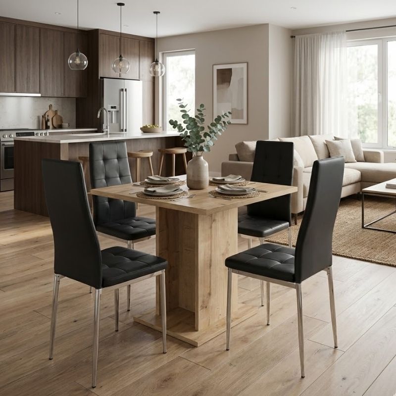 Σετ τραπεζαρία 5τμχ Allos - Rosa Megapap χρώμα sapphire oak - μαύρο/χρωμίου πόδι 75x75x77εκ.