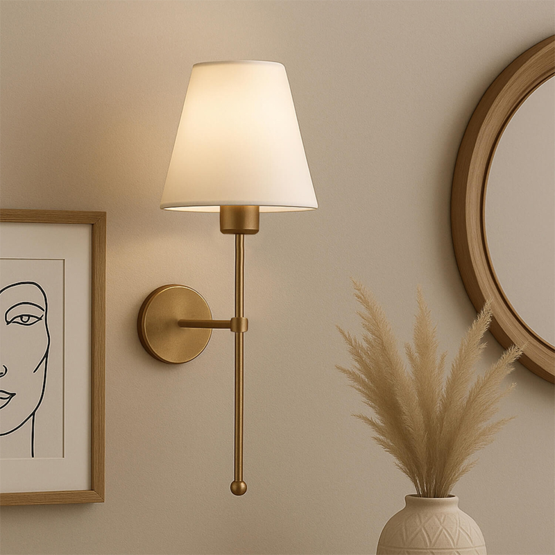 Απλίκα τοίχου Verma Megapap E27 υφασμάτινη - μεταλλική χρώμα χρυσό - κρεμ 13x13x50εκ.