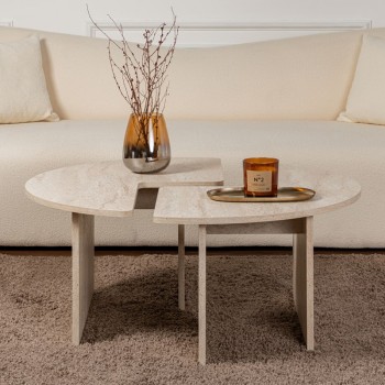 Τραπεζάκι σαλονιού σετ 2 τμχ Moira Megapap χρώμα travertine Ø90x41εκ.