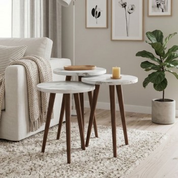 Τραπεζάκι βοηθητικό σετ 3 τμχ Cruz Megapap χρώμα λευκό εφέ μαρμάρου Ø33x46εκ.