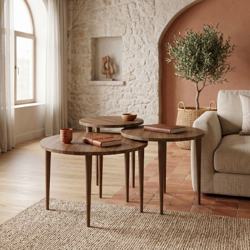 Τραπεζάκι σαλονιού σετ 3 τμχ Nola Megapap χρώμα καρυδί Ø60x46εκ.