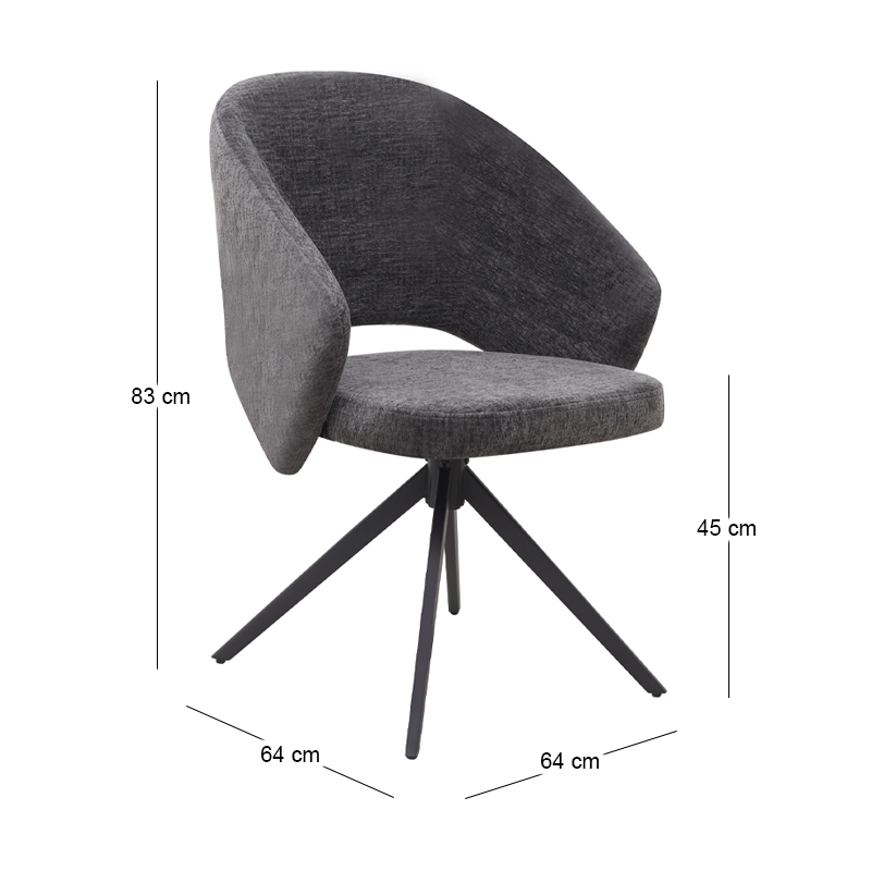 Πολυθρόνα τραπεζαρίας Milano Megapap περιστρεφόμενη χρώμα ανθρακί ύφασμα - μεταλλικό μαύρο πόδι 64x64x83εκ.