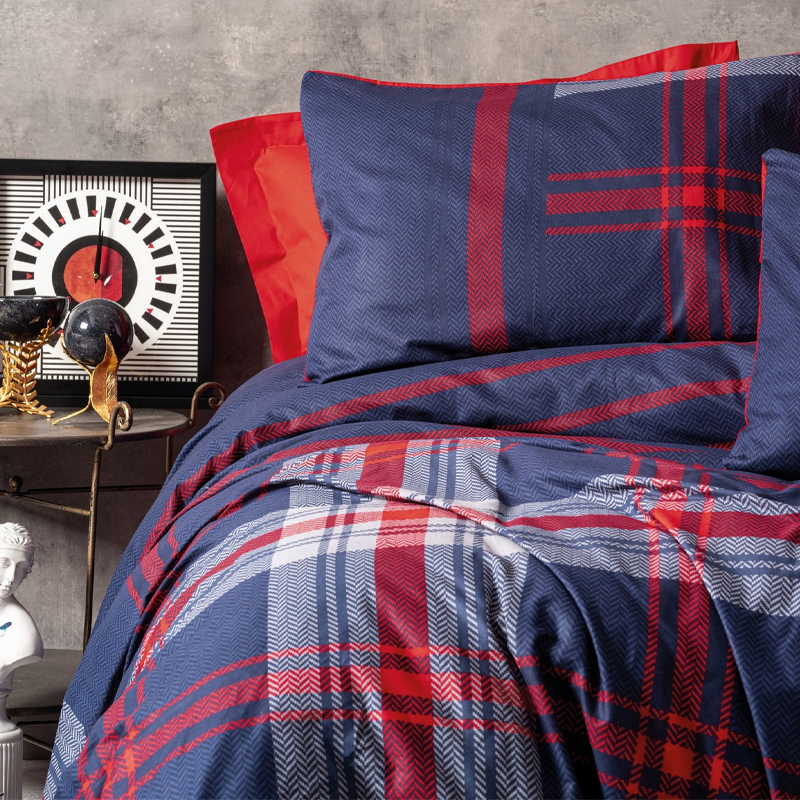 Σετ παπλωματοθήκη Abel Cotton Box 4 τμχ Διπλή (200x220) χρώμα σκούρο μπλε - κόκκινο