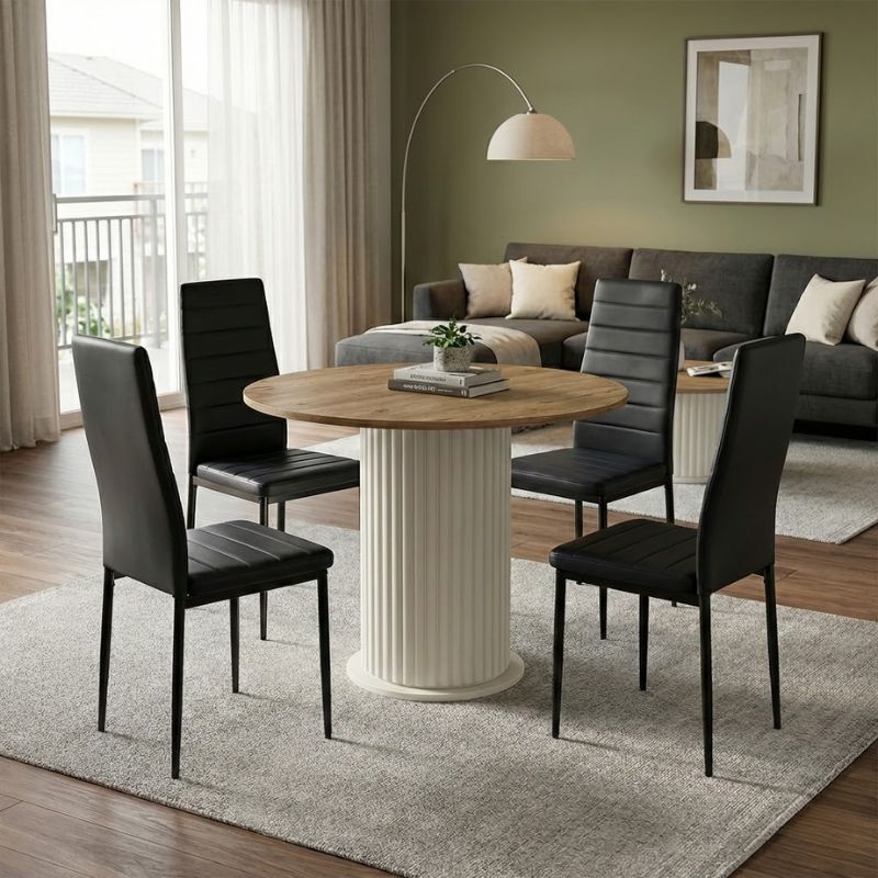 Σετ τραπεζαρία 5τμχ Bohema - Rosa Megapap χρώμα ivory/sepet oak - μαύρο Ø90x77,7εκ.