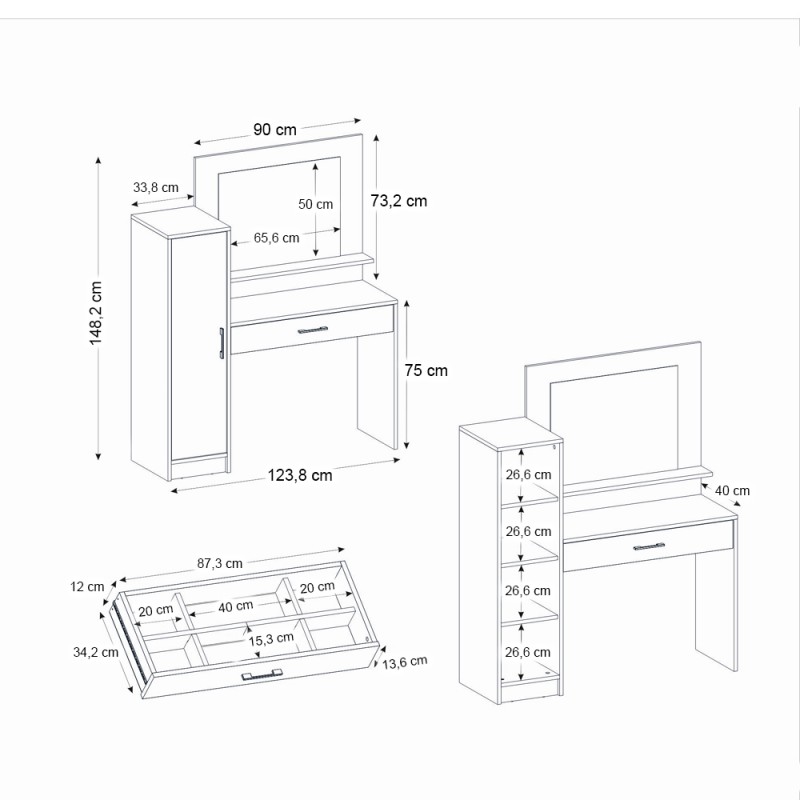 Τουαλέτα με καθρέπτη Kaunos Megapap χρώμα λευκό 123,8x40x148,2εκ.