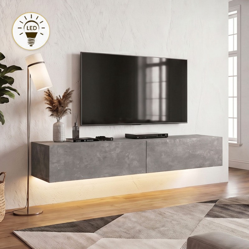 Έπιπλο τηλεόρασης επιτοίχιο Aristo Megapap με LED χρώμα γκρι σκυροδέματος 135x31,6x25εκ.