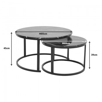 Τραπέζι σαλονιού Revelon pakoworld σετ 2τεμ mdf σε απόχρωση μαύρο όψης μαρμάρου 80x80x45εκ