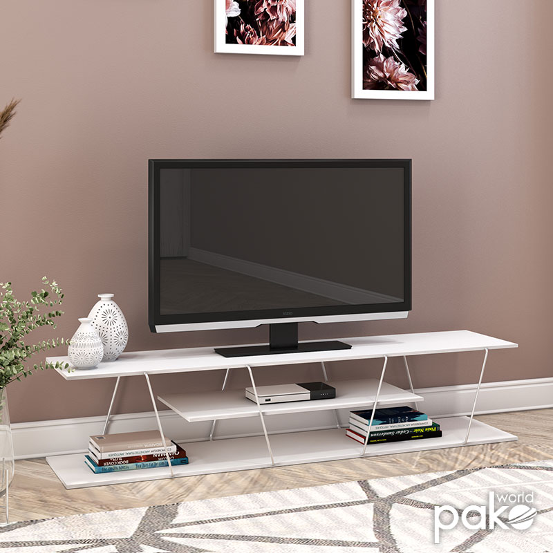 Έπιπλο τηλεόρασης TARS pakoworld χρώμα λευκό-λεπτομέρειες χρωμίου 143x32x31εκ