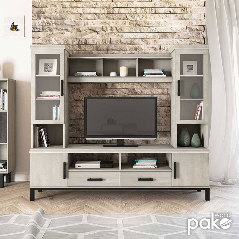 Σύνθετο σαλονιού Bonito pakoworld TV χρώμα white wash-ebony 200x43x180εκ