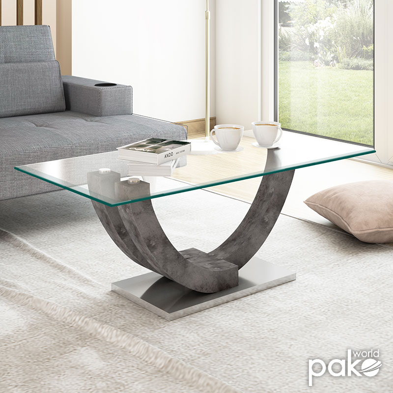Τραπέζι σαλονιού Dunk pakoworld με γυαλί χρώμα ποδιών γκρι cement 120x60x48εκ