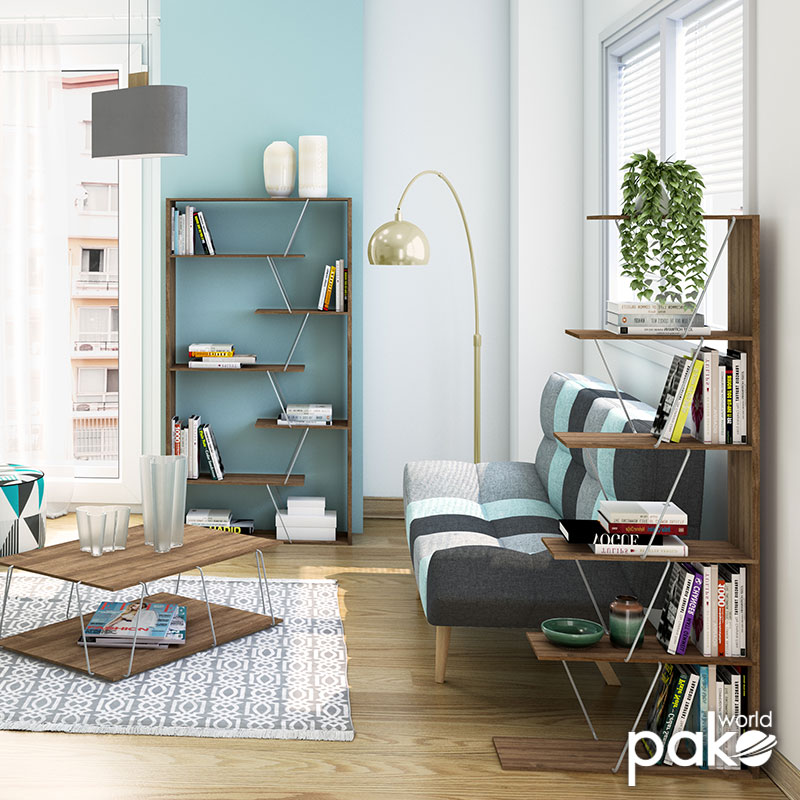 Βιβλιοθήκη mini TARS pakoworld χρώμα καρυδί-λεπτομέρειες χρωμίου 65x22x146εκ